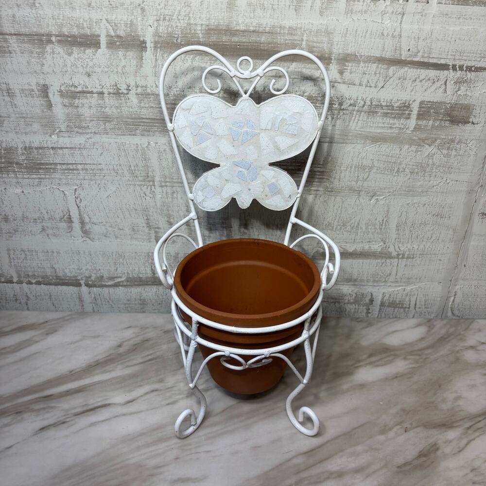 White Metal Butterfly Chair Plant Stand with Terracotta Pot